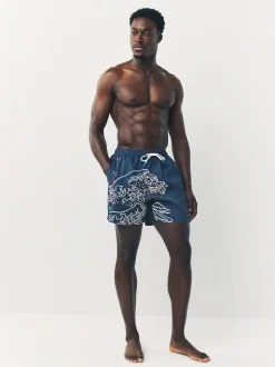 Blue Hokusai License Printed Swim Shorts