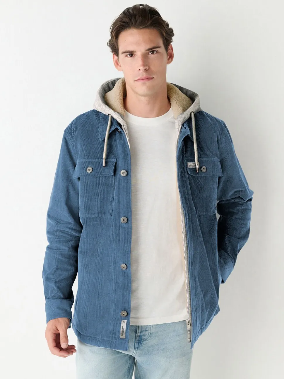 Blue Hooded Corduroy Borg Lined Shacket