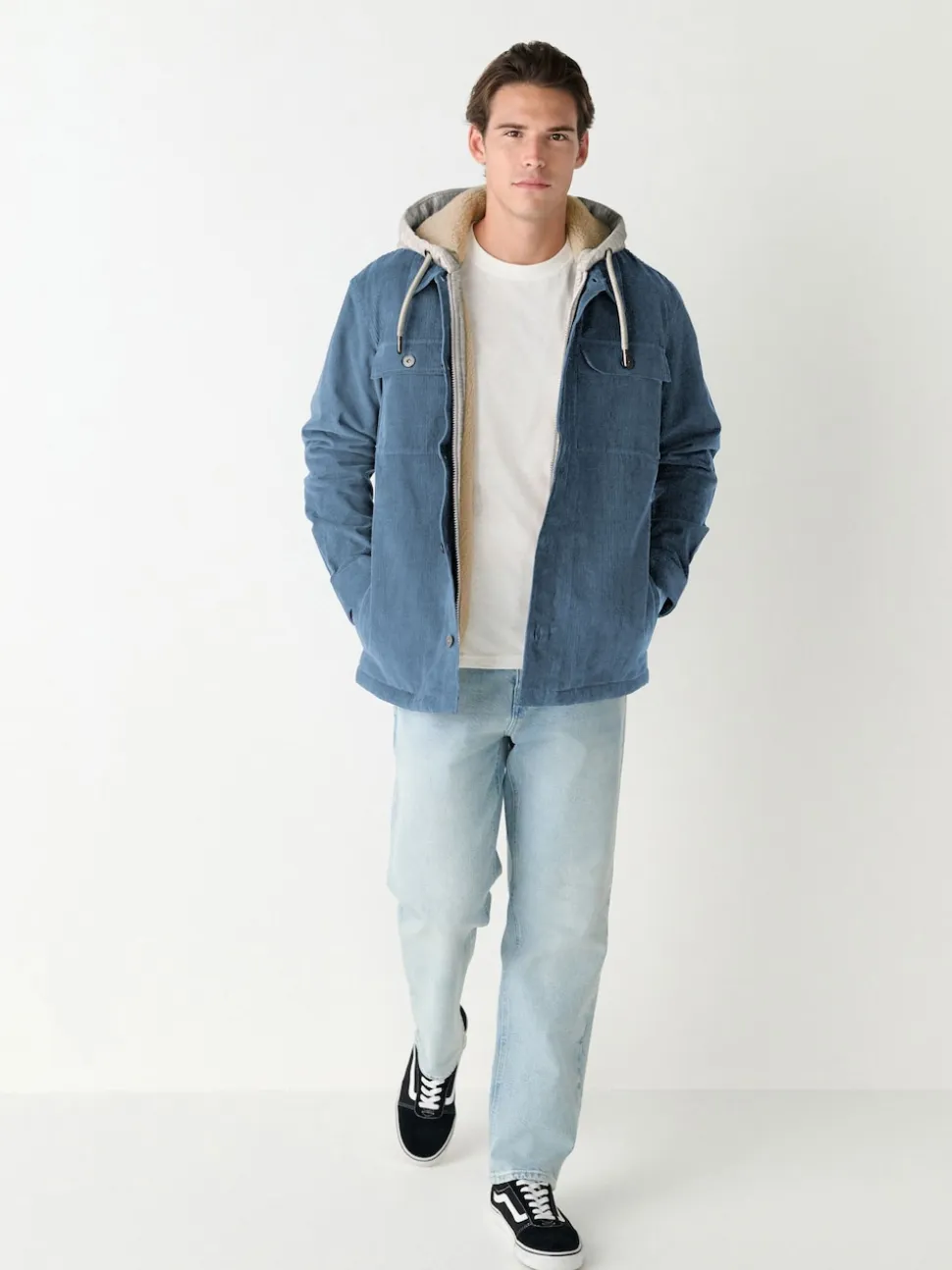 Blue Hooded Corduroy Borg Lined Shacket