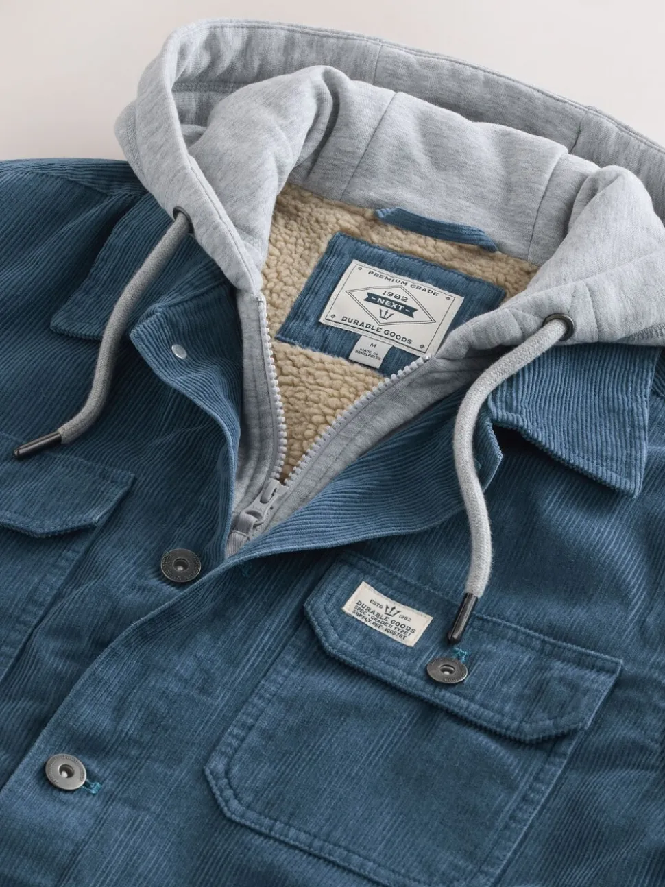 Blue Hooded Corduroy Borg Lined Shacket