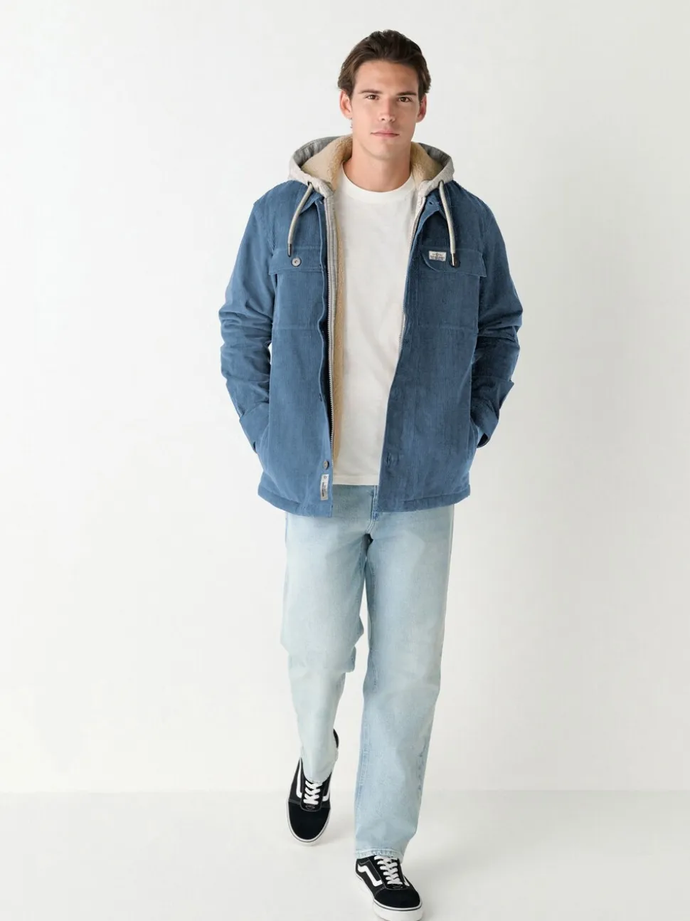 Blue Hooded Corduroy Borg Lined Shacket