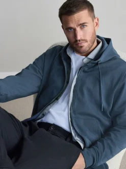 Blue Hooded Zip Through Signature Sweatshirt with Modal