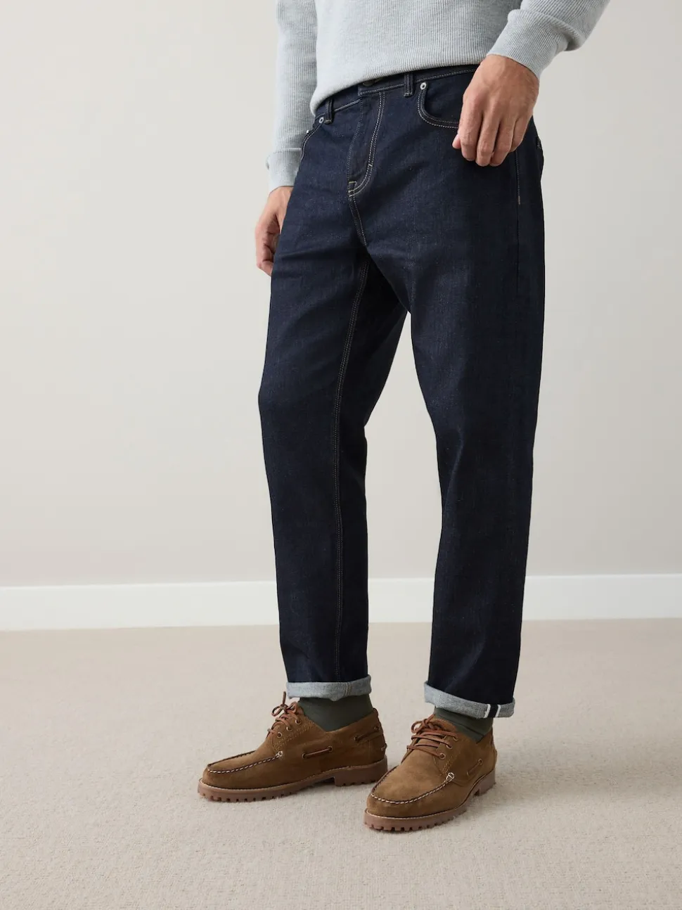 Blue Indigo Rinse Regular Tapered Fit Signature Selvedge Denim Jeans