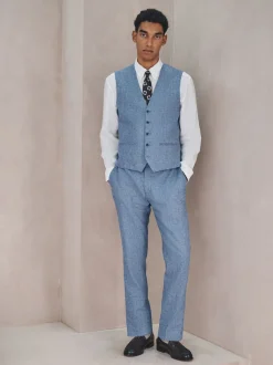 Blue Linen Blend Texture Suit Waistcoat