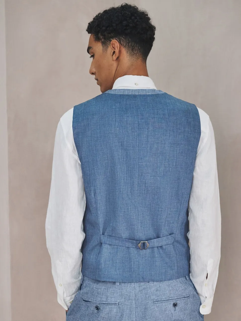Blue Linen Blend Texture Suit Waistcoat