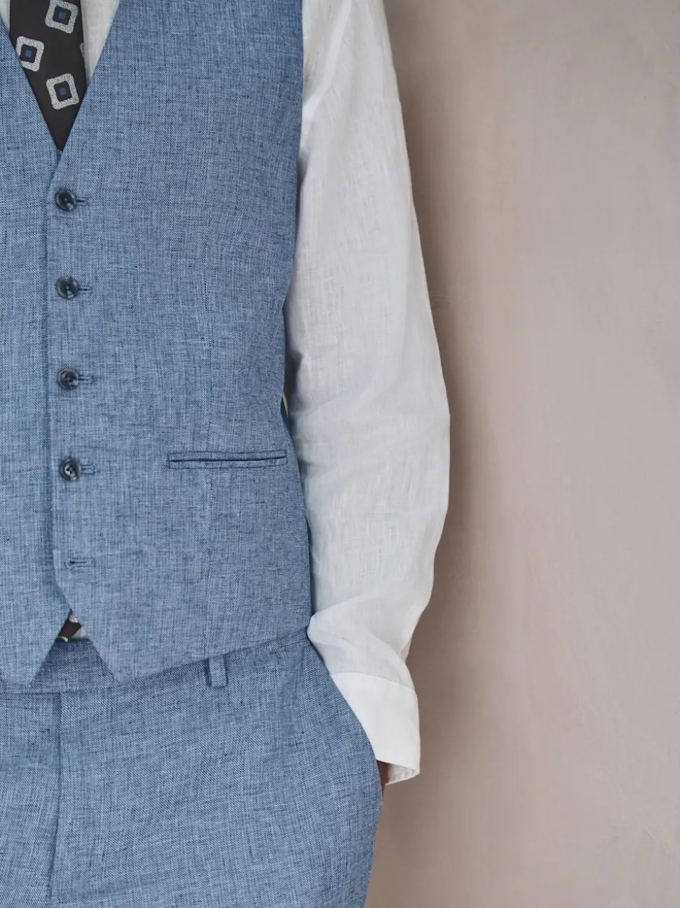Blue Linen Blend Texture Suit Waistcoat