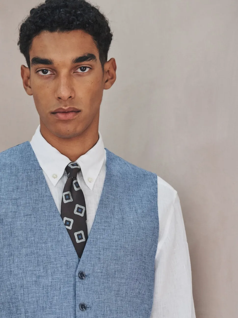 Blue Linen Blend Texture Suit Waistcoat
