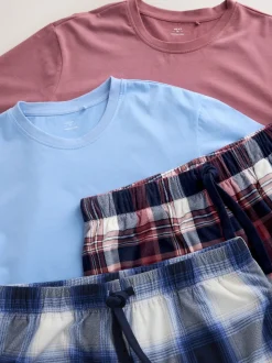 Blue/ Mauve Purple Cosy Short Sleeve Pyjamas Set 2 Pack