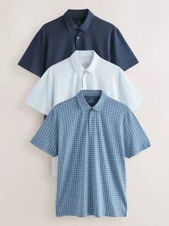 Blue Navy Geo Regular Fit Short Sleeve Jersey Polo Shirts 3 Pack
