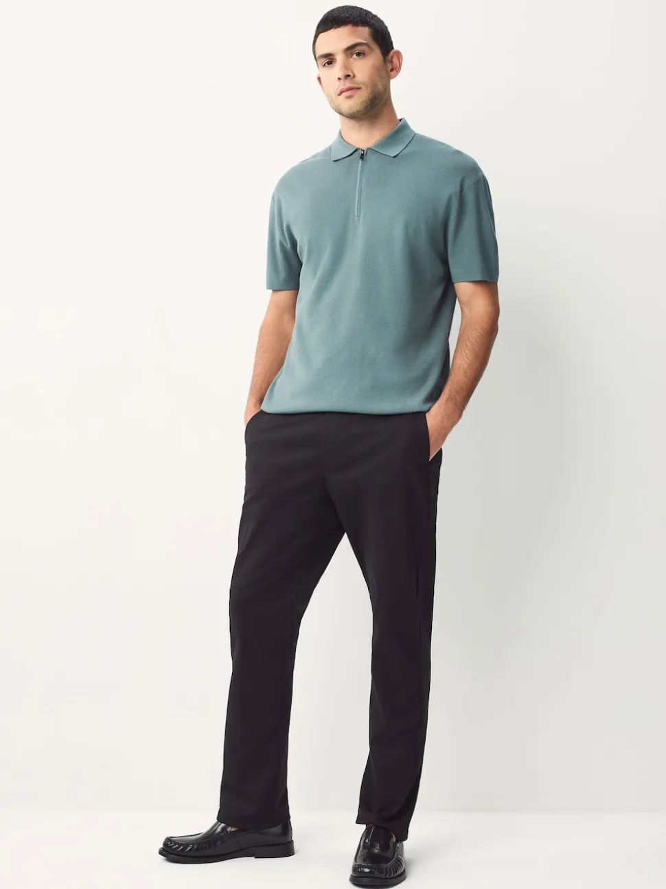 Blue Quarter Zip N.Premium Relaxed Fit Mid Weight Short Sleeve Knit Polo Shirt