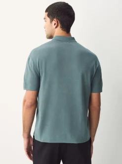 Blue Quarter Zip N.Premium Relaxed Fit Mid Weight Short Sleeve Knit Polo Shirt
