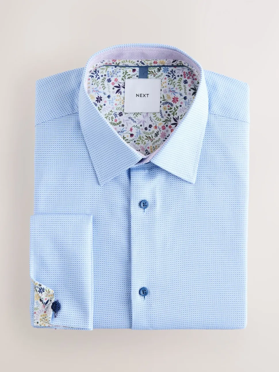 Blue Regular Fit 100% Cotton Textured Long Sleeve Formal Shirt with Trim
