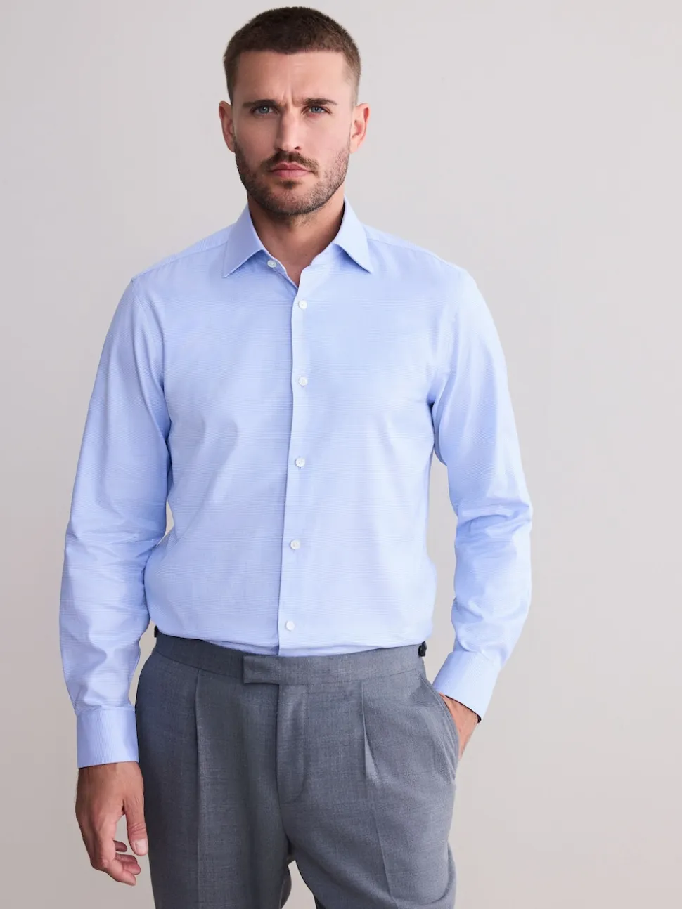 Blue Regular Fit Signature 100% Cotton with Textured Smart Shirt