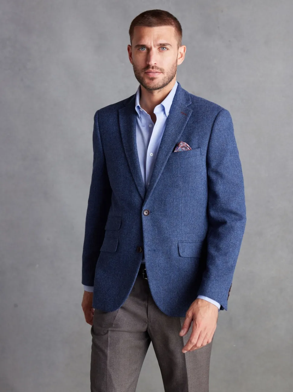 Blue Regular Fit Signature Wool Blend Herringbone Nova Fides Blazer