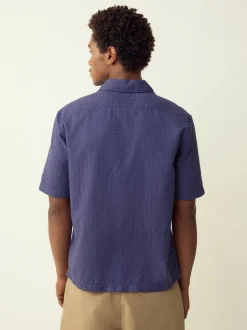 Blue Regular Fit Textured Waffle Short Sleeve Shirt