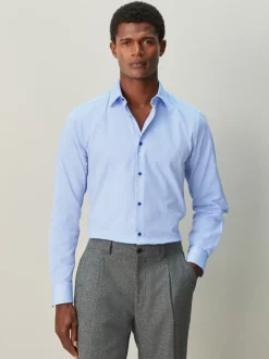 Blue Regular Fit Textured Long Sleeve Formal Shirt with Trim