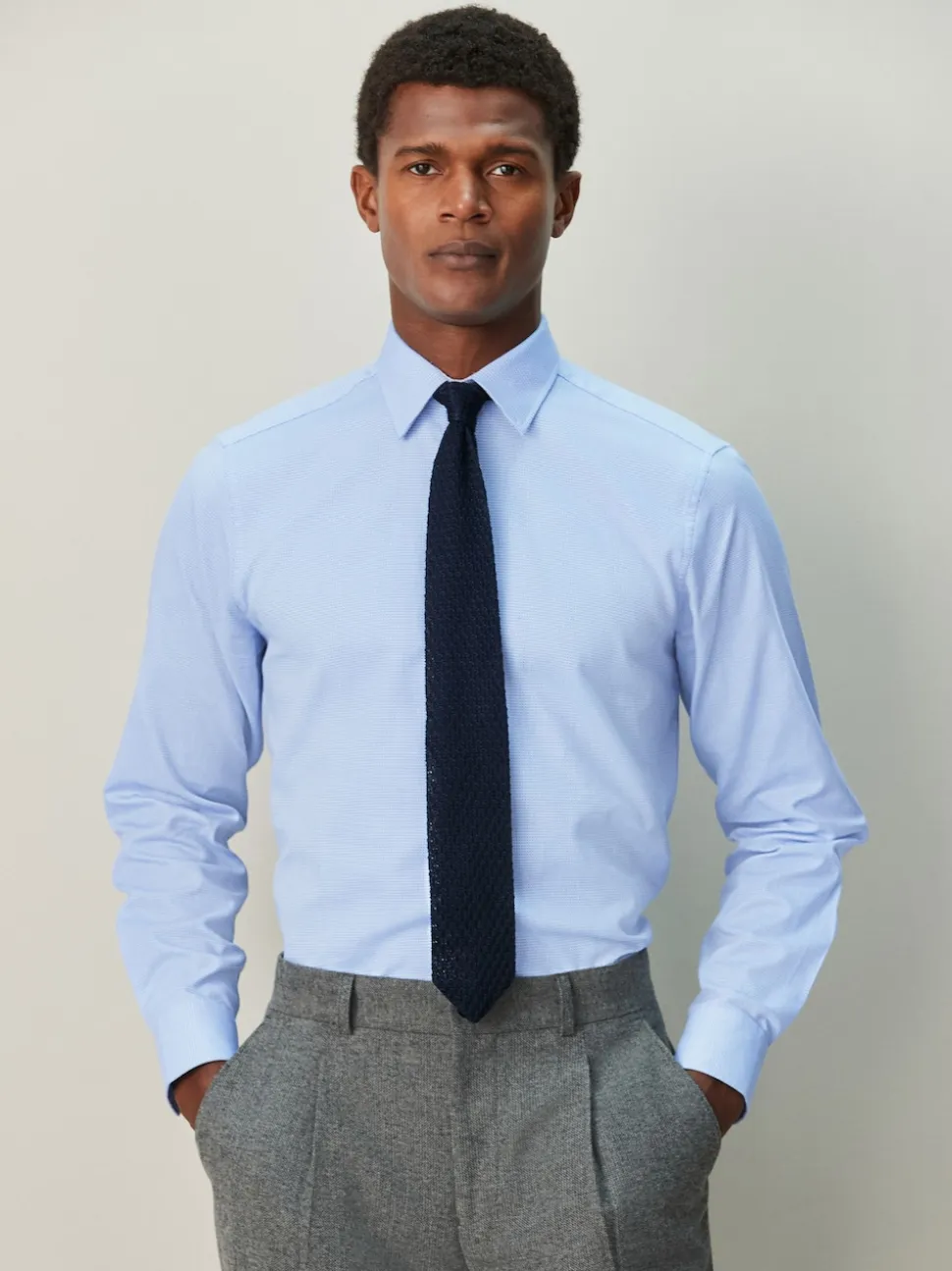 Blue Regular Fit Textured Long Sleeve Formal Shirt with Trim