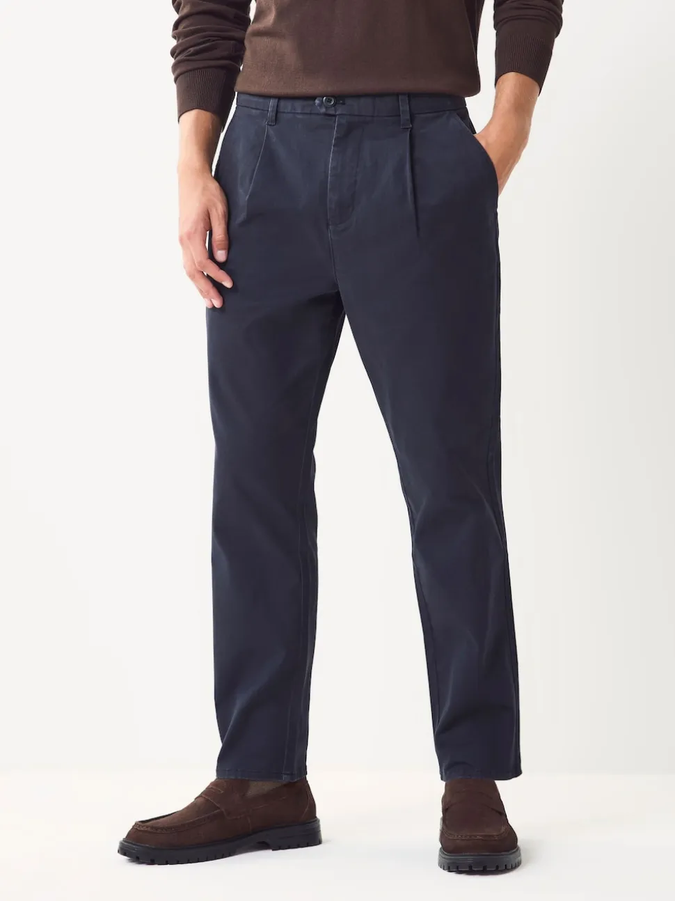 Blue Regular Tapered Fit Single Pleated Stretch Chinos Trousers