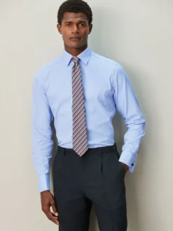 Blue Slim Fit 100% Cotton Textured Long Sleeve Formal Shirt with Trim
