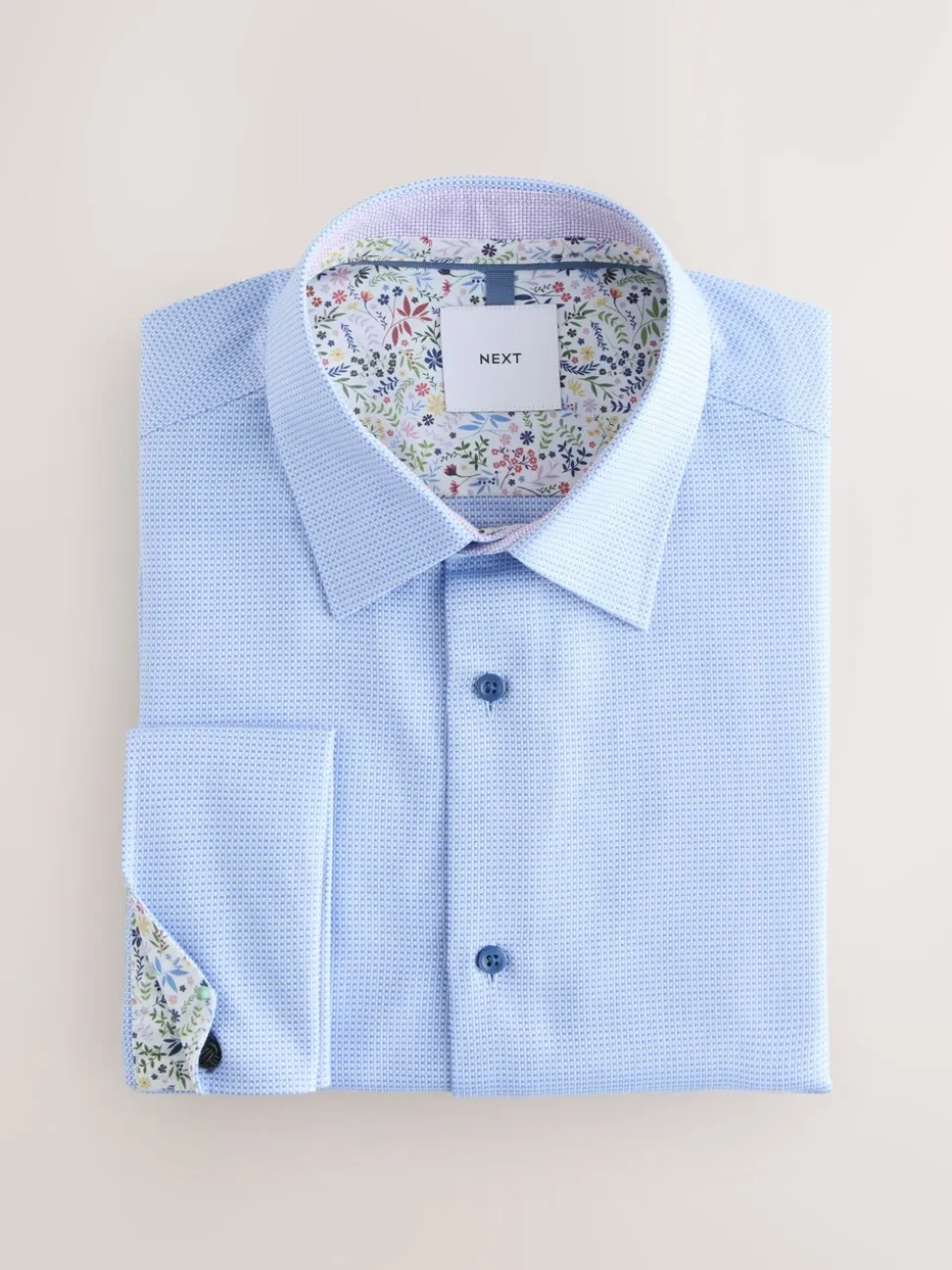 Blue Slim Fit 100% Cotton Textured Long Sleeve Formal Shirt with Trim