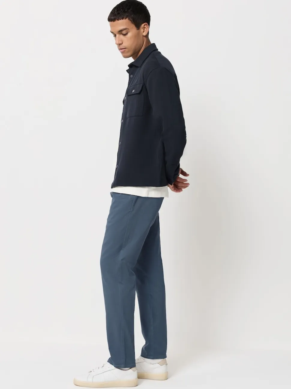 Blue Slim Fit Pleated Stretch Chinos Trousers With Elasticated Waist