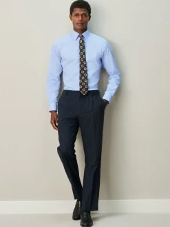 Blue Slim Fit Textured Long Sleeve Formal Shirt with Trim
