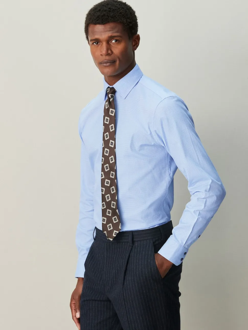 Blue Slim Fit Textured Long Sleeve Formal Shirt with Trim
