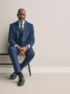 Blue Slim Fit Tollegno Linen Blend Check Suit Jacket