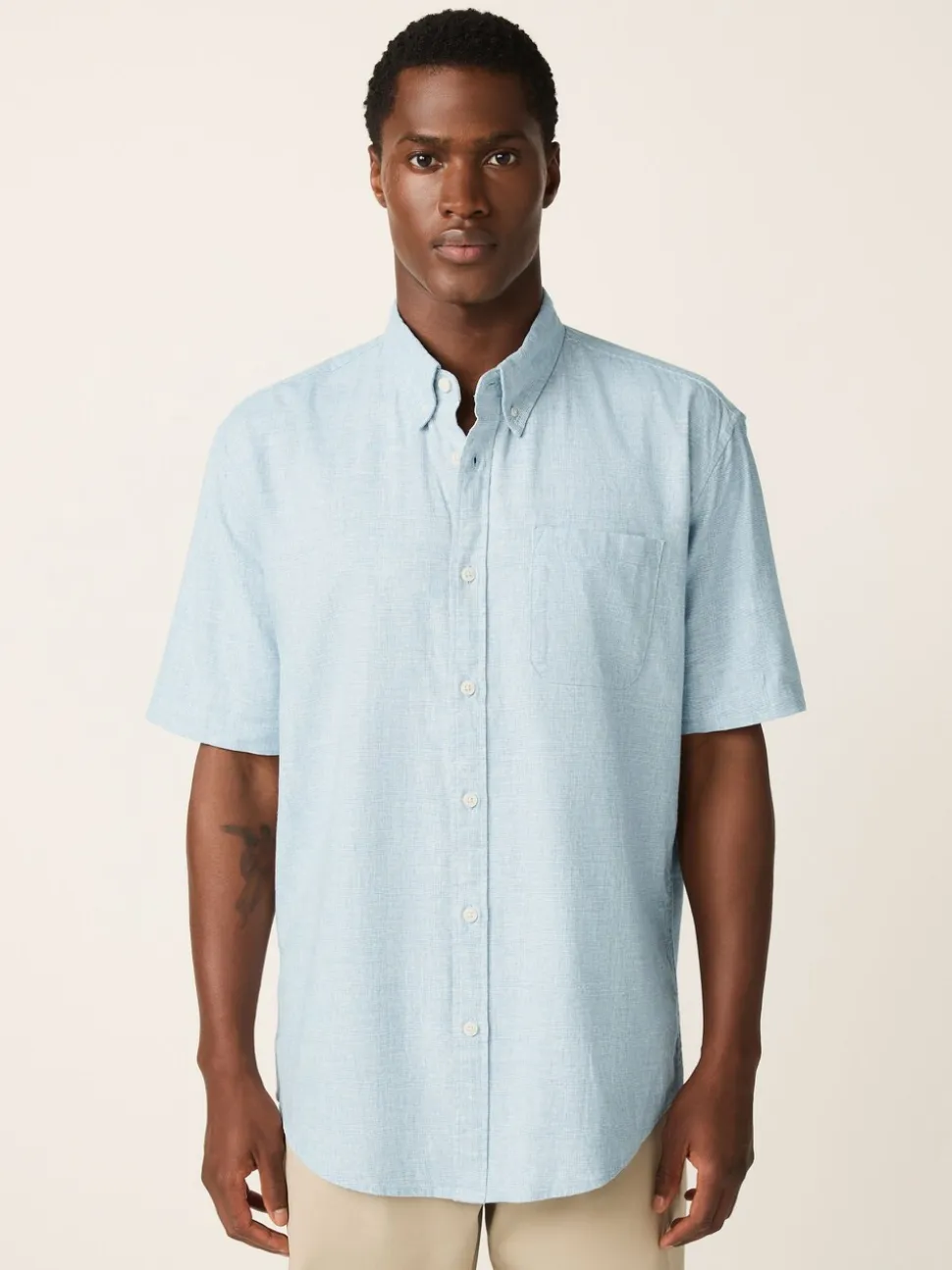 Blue Standard Collar Cotton Linen Blend Short Sleeve Shirt
