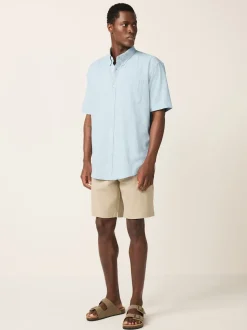 Blue Standard Collar Cotton Linen Blend Short Sleeve Shirt