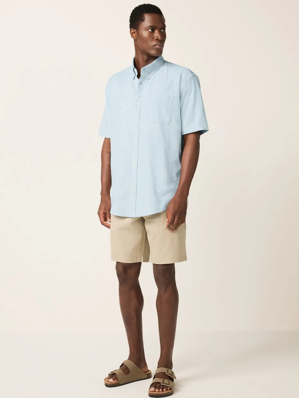 Blue Standard Collar Cotton Linen Blend Short Sleeve Shirt