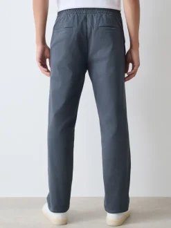 Blue Straight Fit Pleated Stretch Chinos Trousers With Elasticated Waist