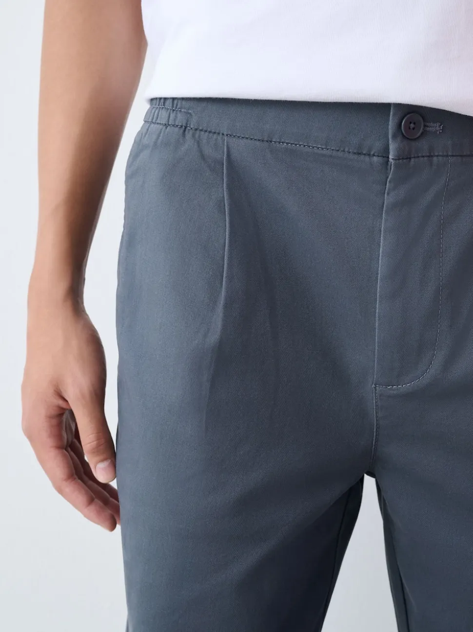 Blue Straight Fit Pleated Stretch Chinos Trousers With Elasticated Waist