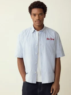 Blue Stripe Embroidered New York Short Sleeve Shirt