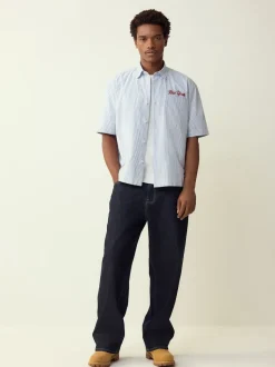 Blue Stripe Embroidered New York Short Sleeve Shirt