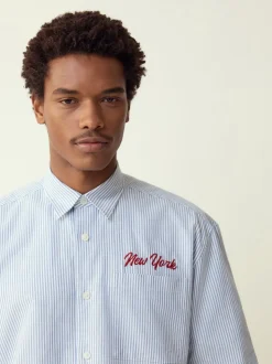 Blue Stripe Embroidered New York Short Sleeve Shirt