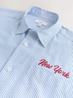 Blue Stripe Embroidered New York Short Sleeve Shirt