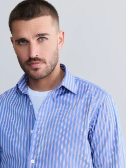 Blue Stripe Slim Fit 100% Cotton Signature Single Cuff Shirt