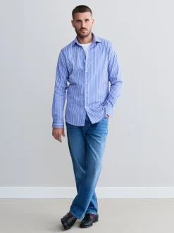 Blue Stripe Slim Fit 100% Cotton Signature Single Cuff Shirt