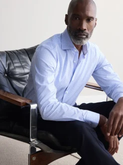 Blue Stripe Slim Fit Signature Single Cuff Texture Pima Cotton Shirt With Cutaway Collar