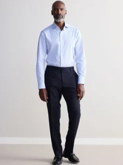 Blue Stripe Slim Fit Signature Single Cuff Texture Pima Cotton Shirt With Cutaway Collar