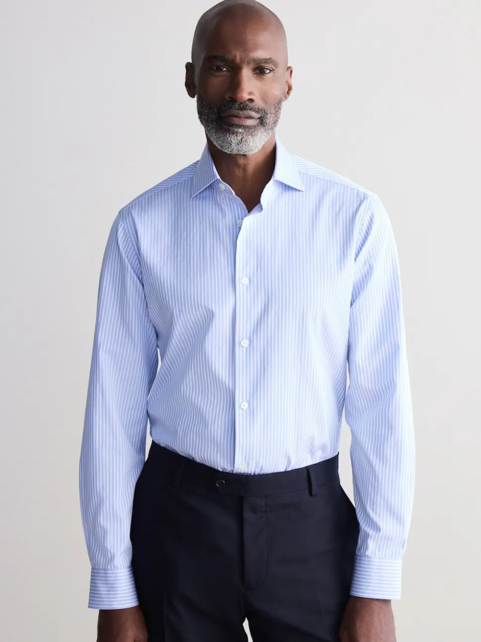 Blue Stripe Slim Fit Signature Single Cuff Texture Pima Cotton Shirt With Cutaway Collar