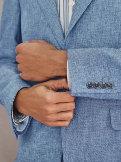 Blue Tailored Fit Linen Blend Texture Suit Jacket