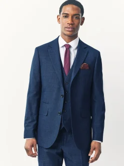 Blue Tailored Fit Textured Wool Blend Suit Jacket
