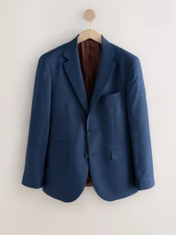 Blue Tailored Fit Textured Wool Blend Suit Jacket