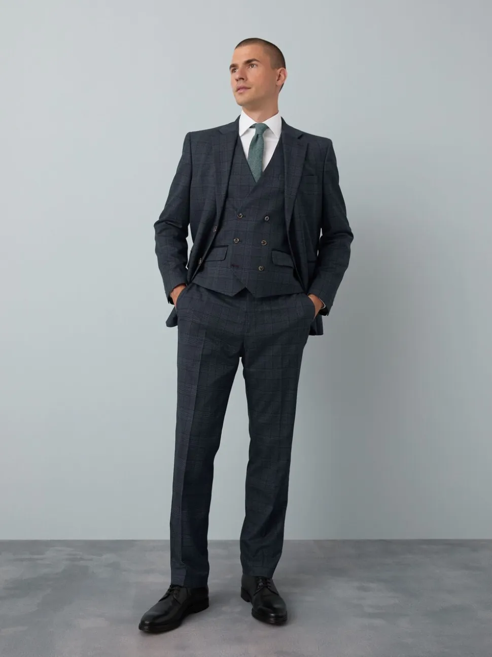 Blue Tailored Fit Trimmed Check Suit Trousers
