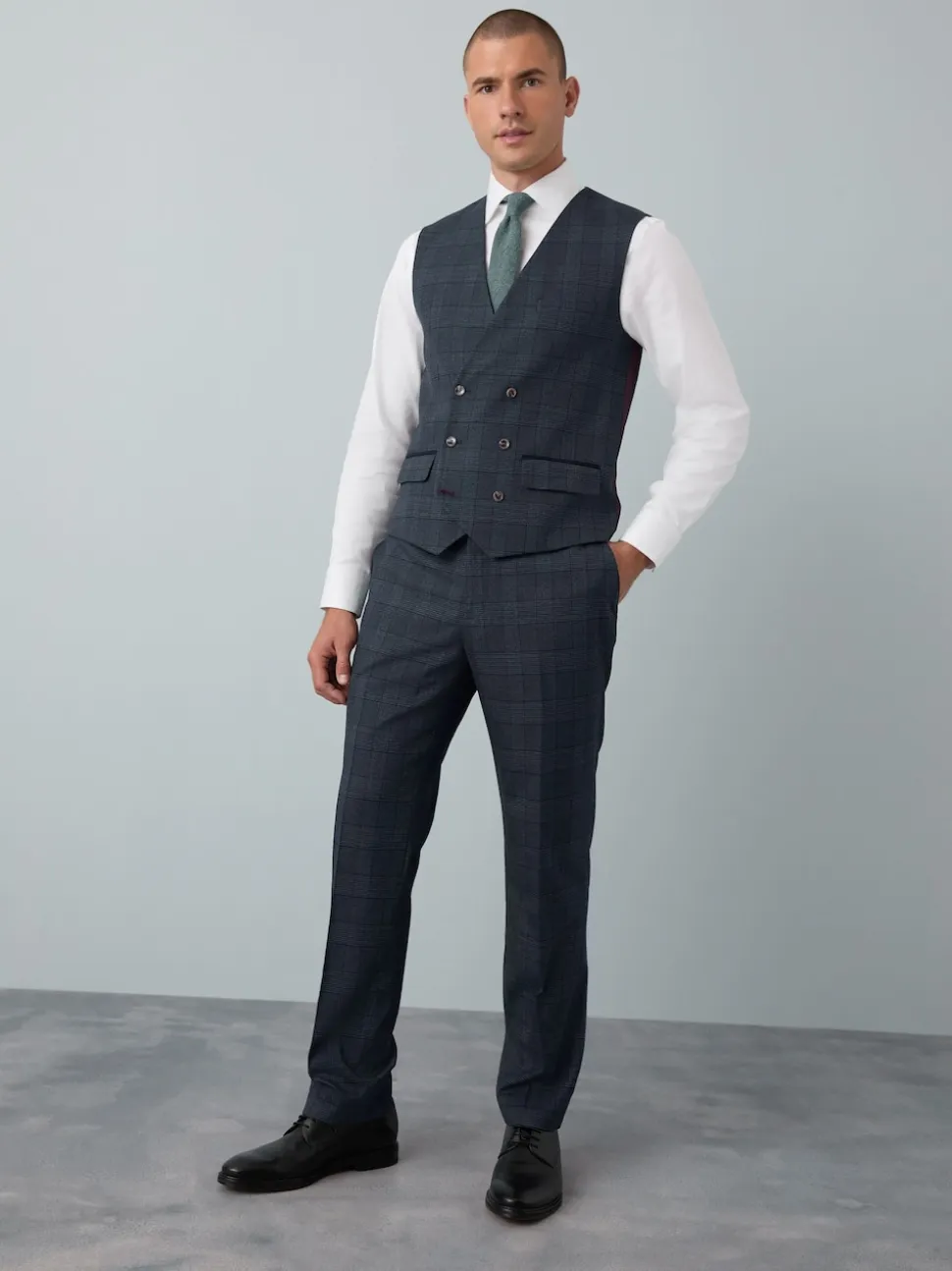 Blue Tailored Fit Trimmed Check Suit Waistcoat