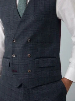 Blue Tailored Fit Trimmed Check Suit Waistcoat