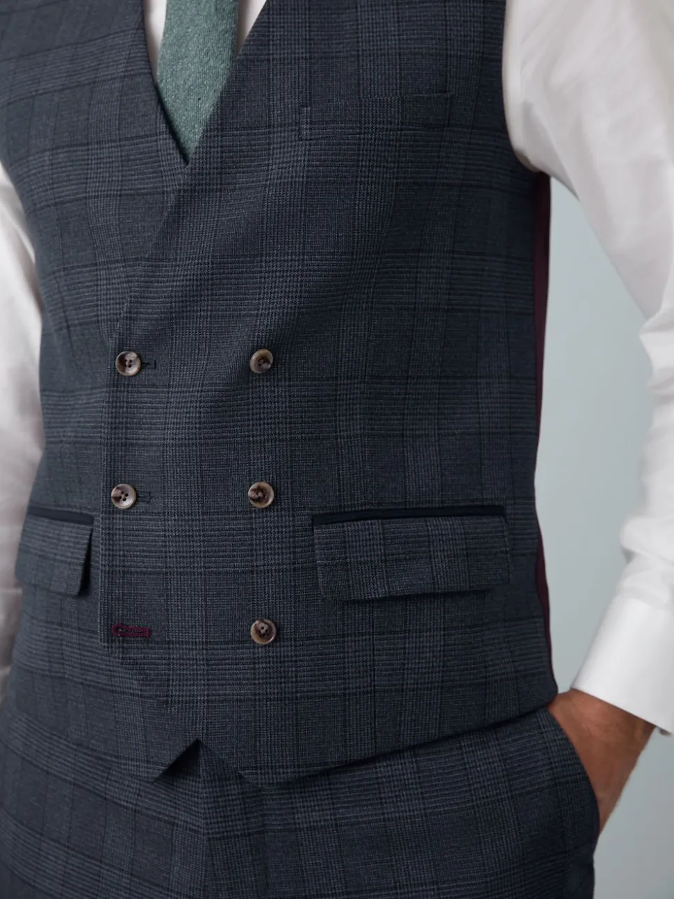 Blue Tailored Fit Trimmed Check Suit Waistcoat