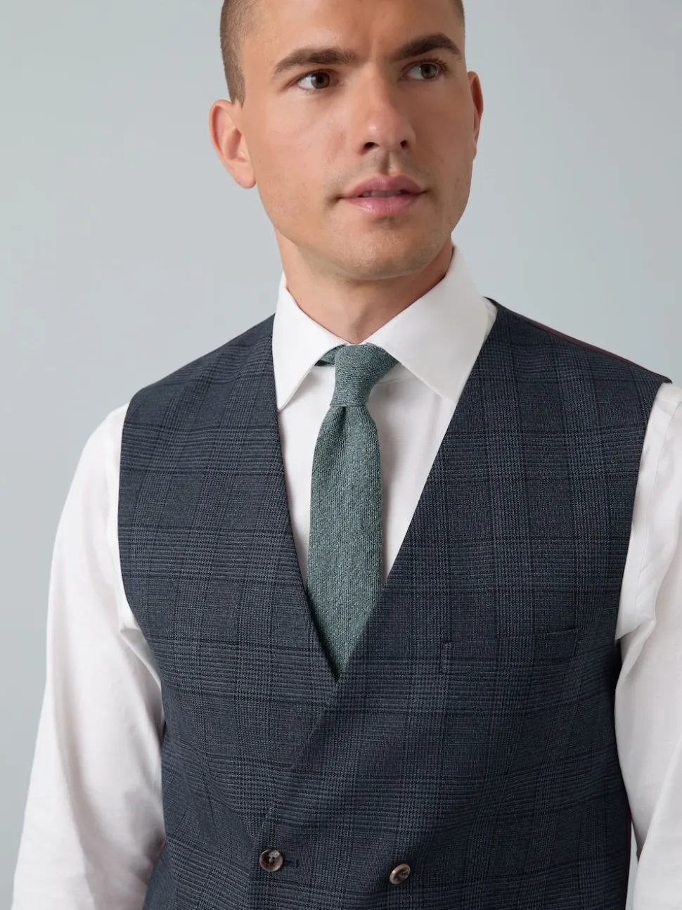 Blue Tailored Fit Trimmed Check Suit Waistcoat